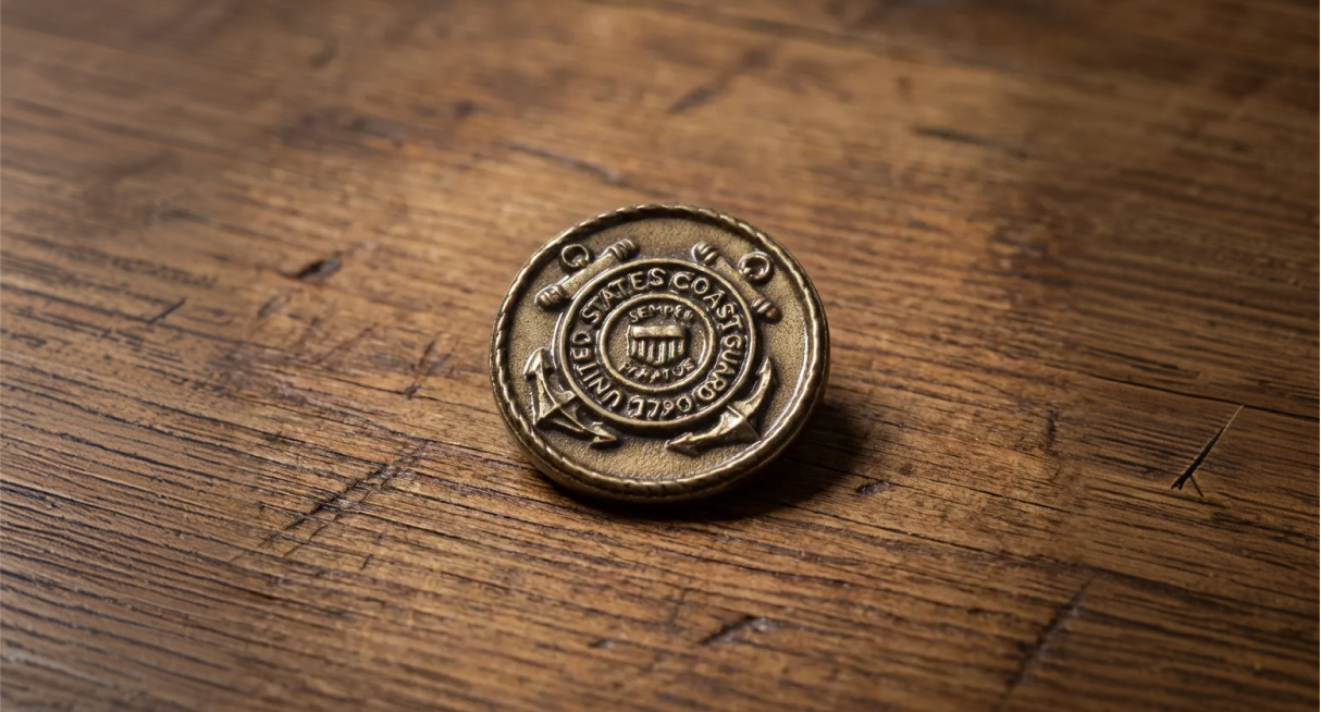 Bronze United States Coast Guard emblem on a wooden surface