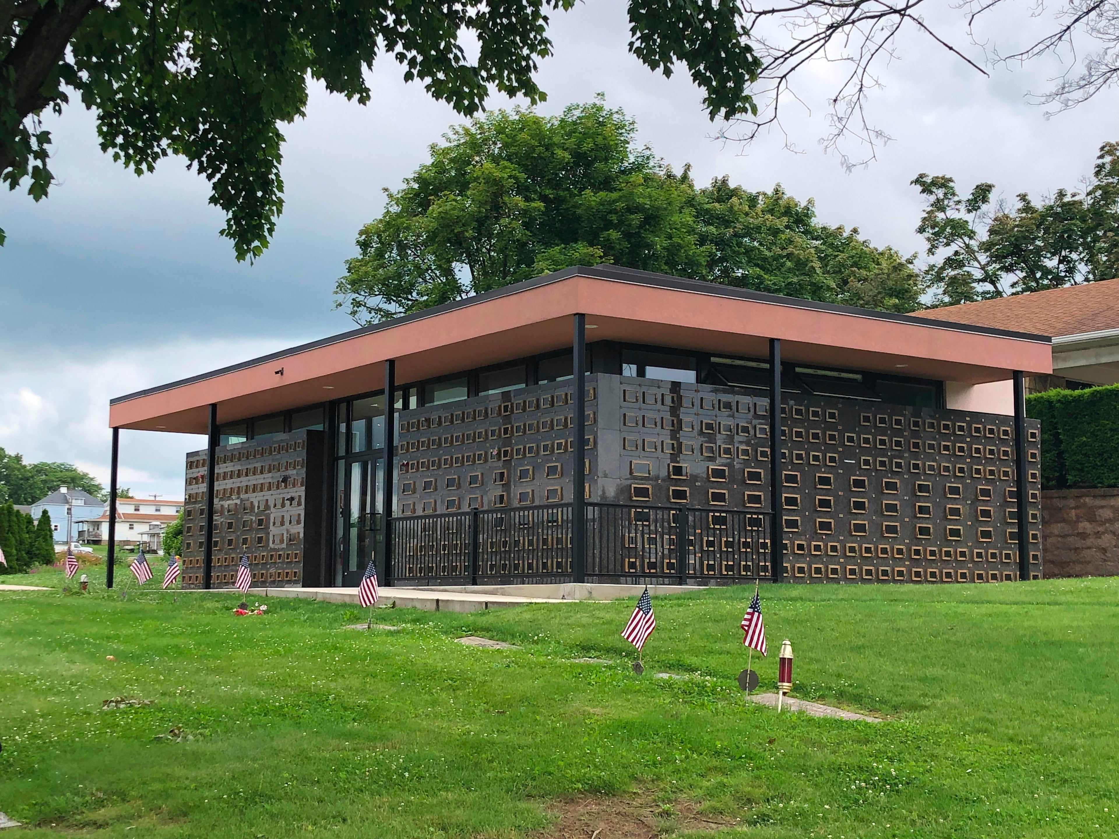 Niche Chapel walls outside cladded Granite Columbaria with Simplicity EZ-Plaque with Simplicity Bud Vase
